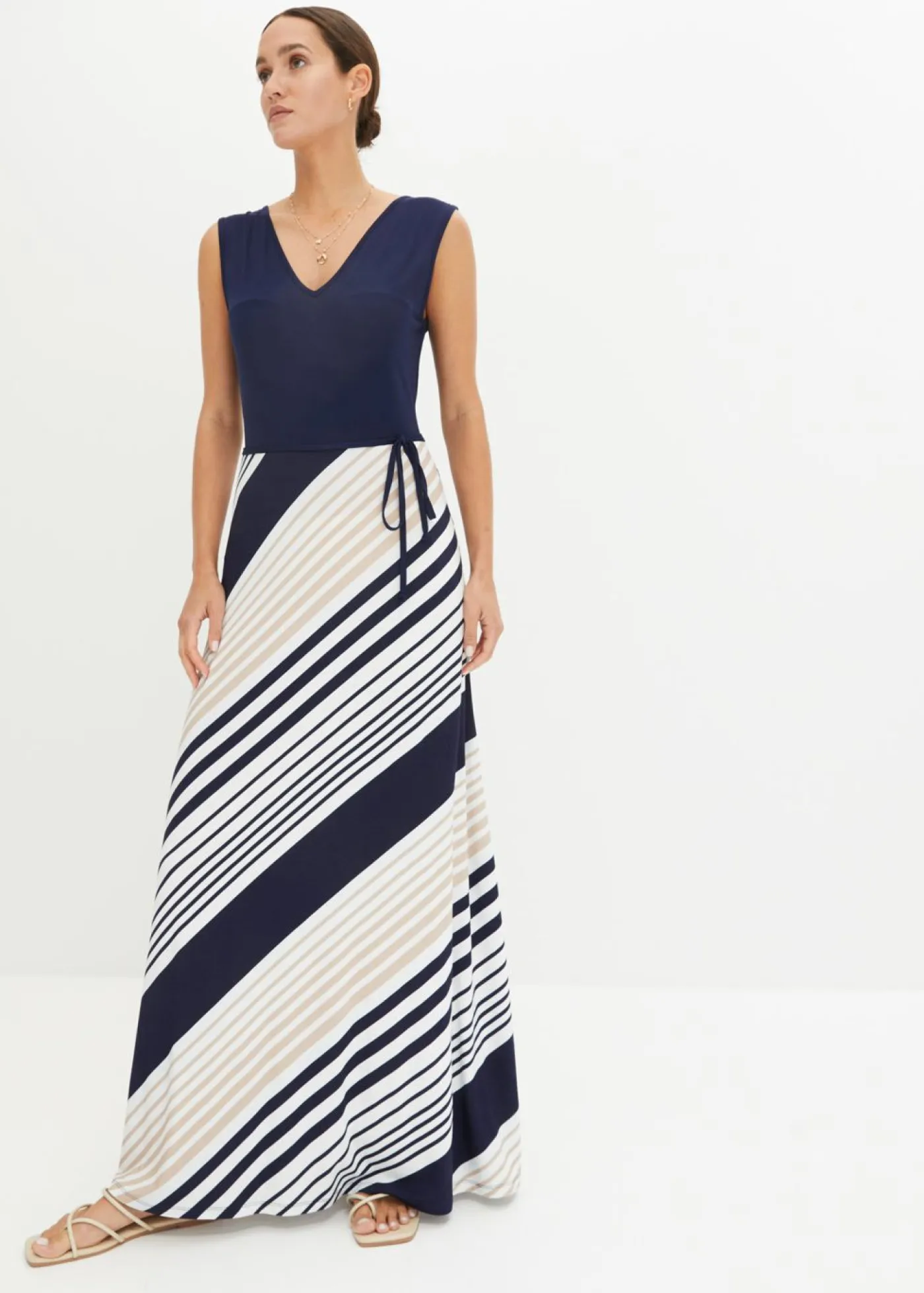 bonprix bonprix Vestido largo de mezcla de viscosa suave Azul marino-crema con rayas New