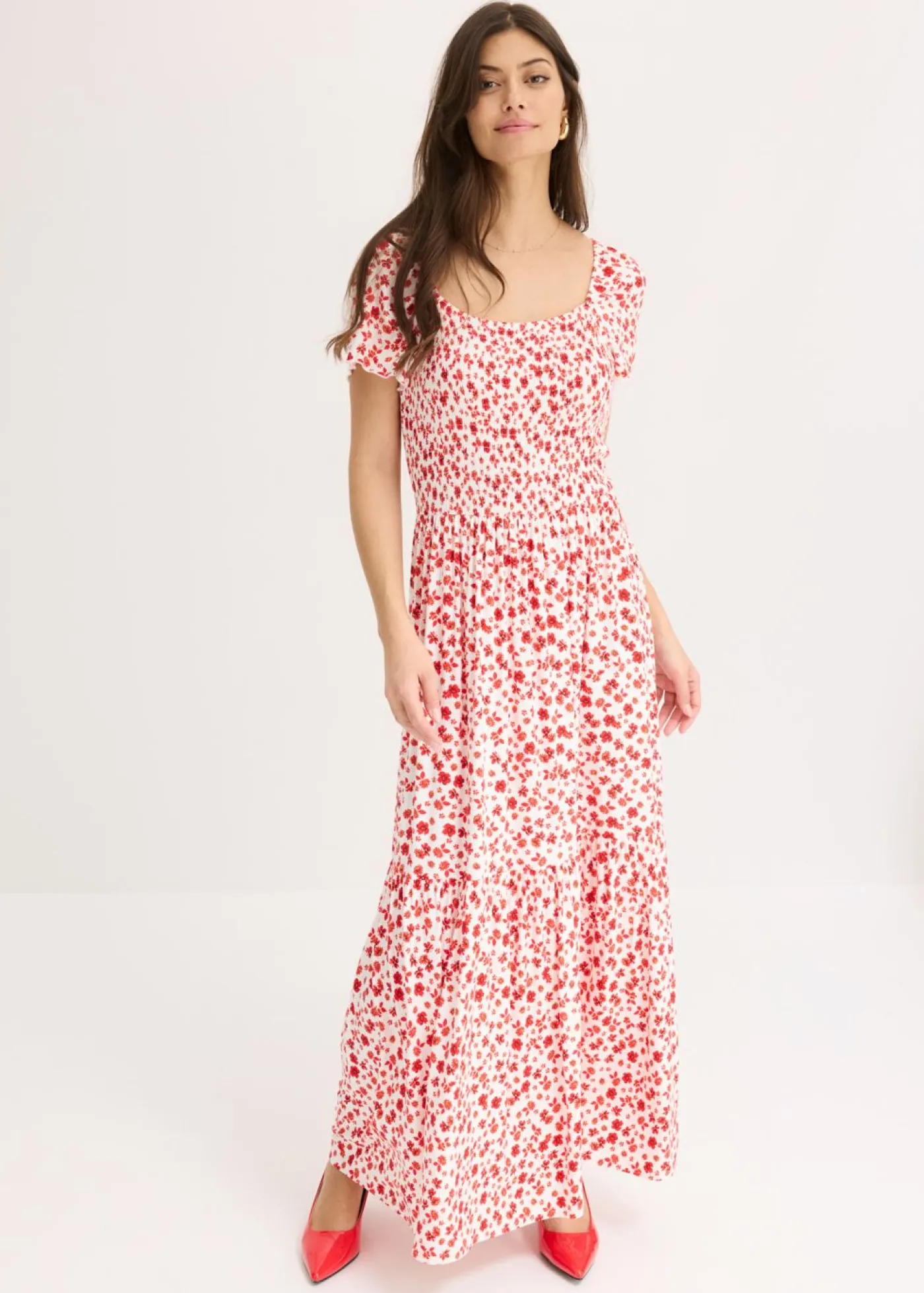 bonprix bonprix Vestido largo de mezcla de viscosa Blanco lana/fresa de flores Best