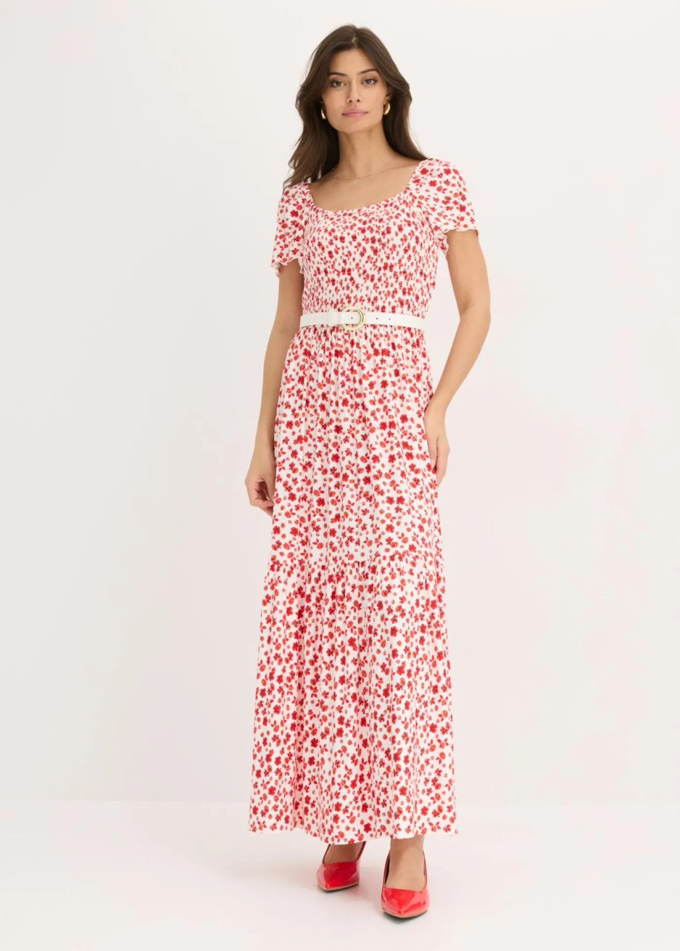 bonprix bonprix Vestido largo de mezcla de viscosa Blanco lana/fresa de flores Best