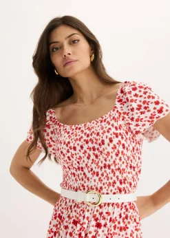 bonprix bonprix Vestido largo de mezcla de viscosa Blanco lana/fresa de flores Best