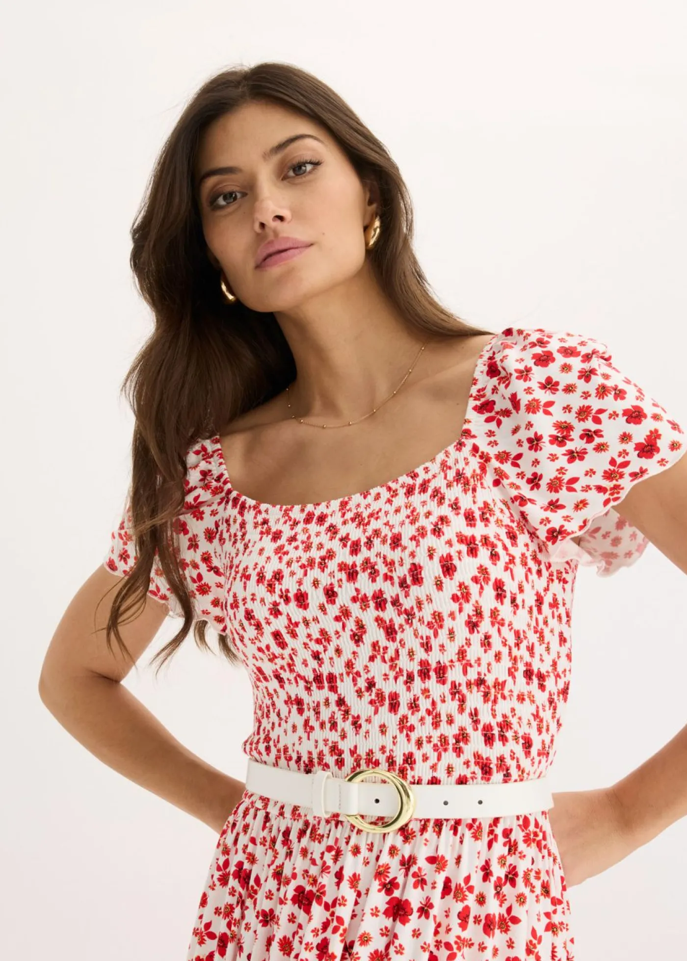 bonprix bonprix Vestido largo de mezcla de viscosa Blanco lana/fresa de flores Best