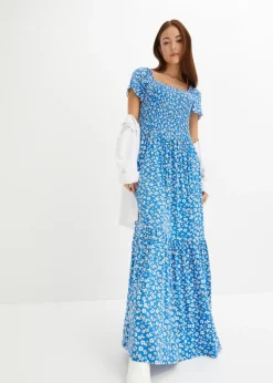 bonprix bonprix Vestido largo de mezcla de viscosa Azul-blanco lana de flores Clearance