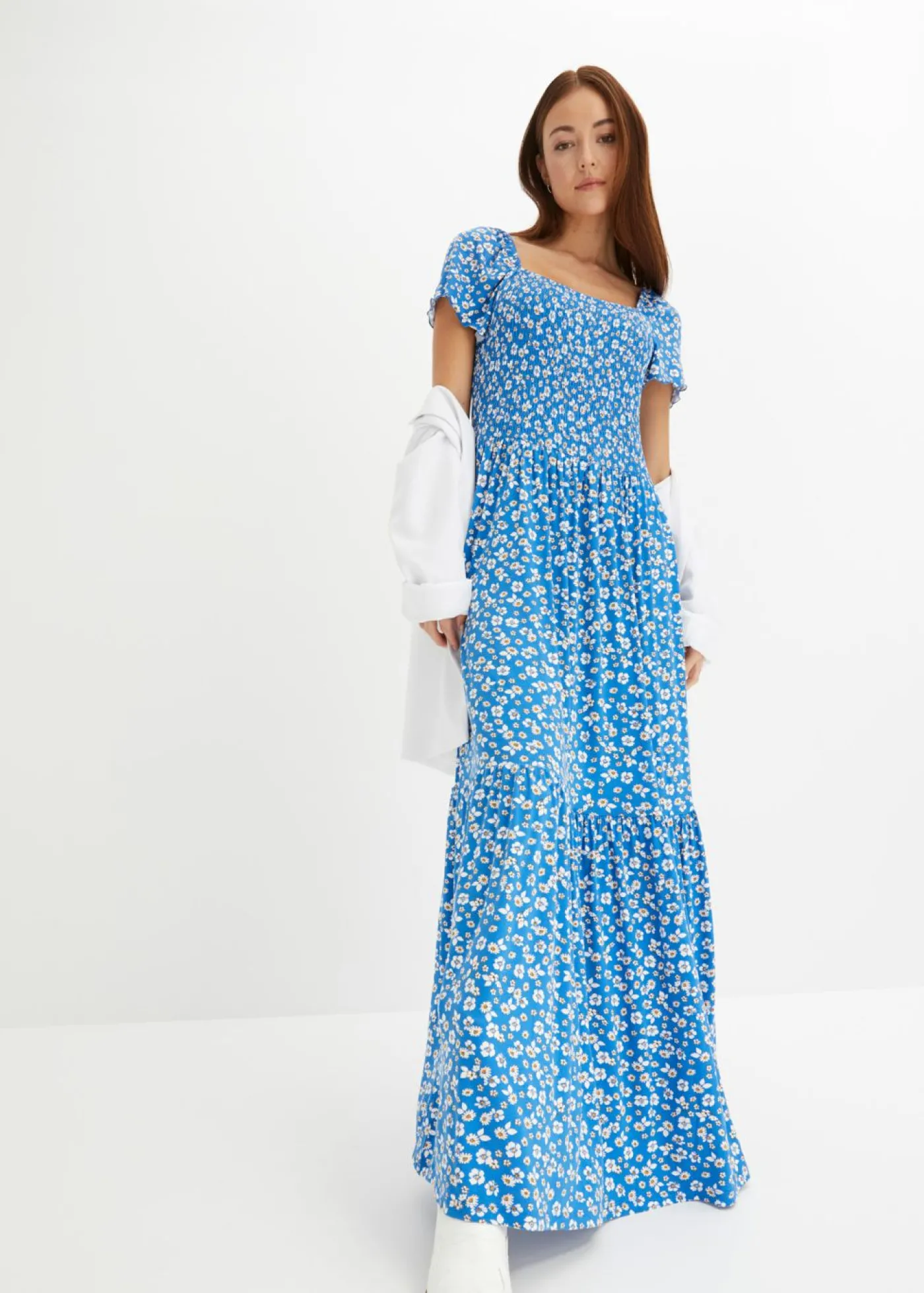 bonprix bonprix Vestido largo de mezcla de viscosa Azul-blanco lana de flores Clearance