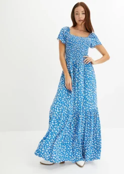 bonprix bonprix Vestido largo de mezcla de viscosa Azul-blanco lana de flores Clearance