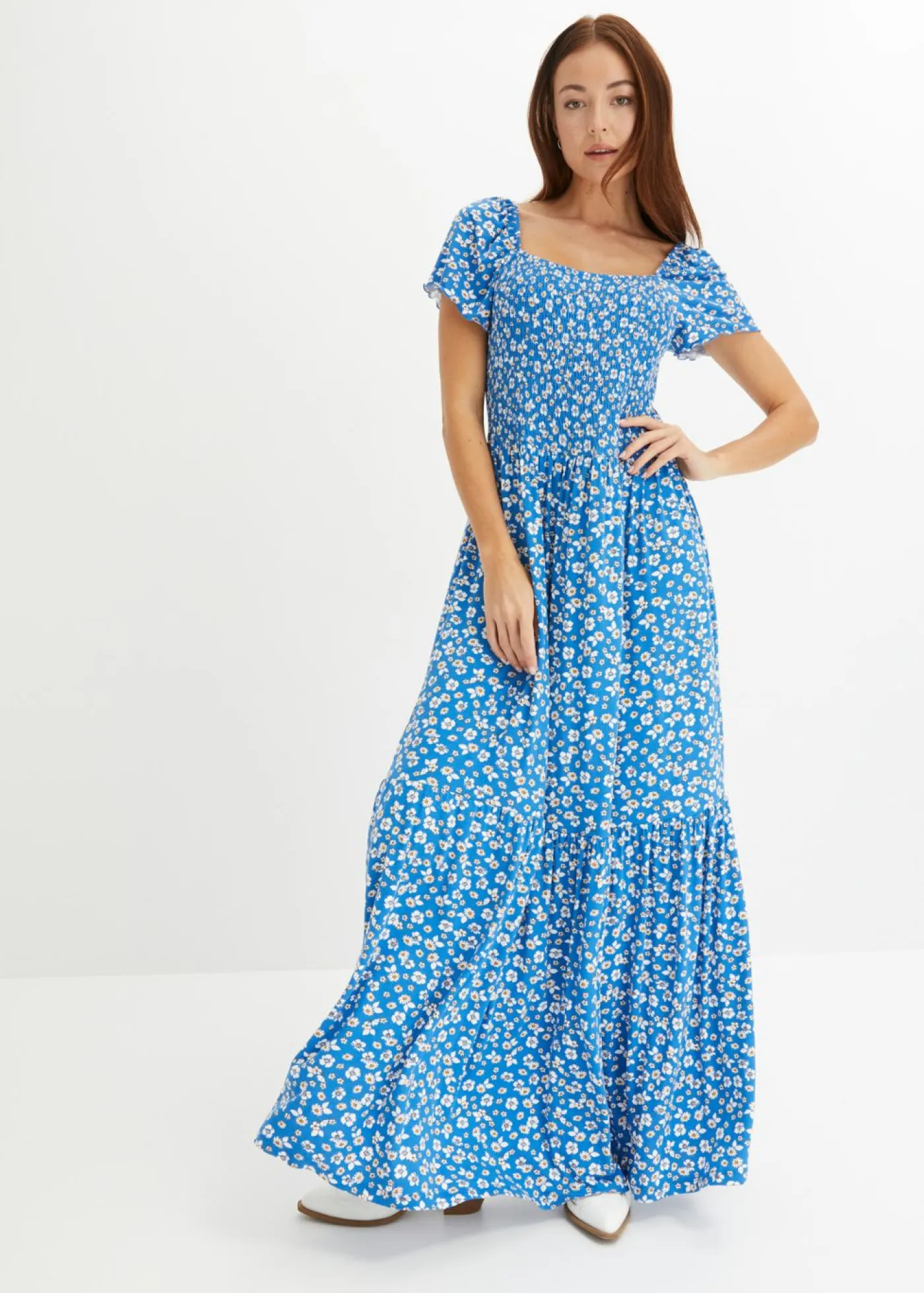 bonprix bonprix Vestido largo de mezcla de viscosa Azul-blanco lana de flores Clearance