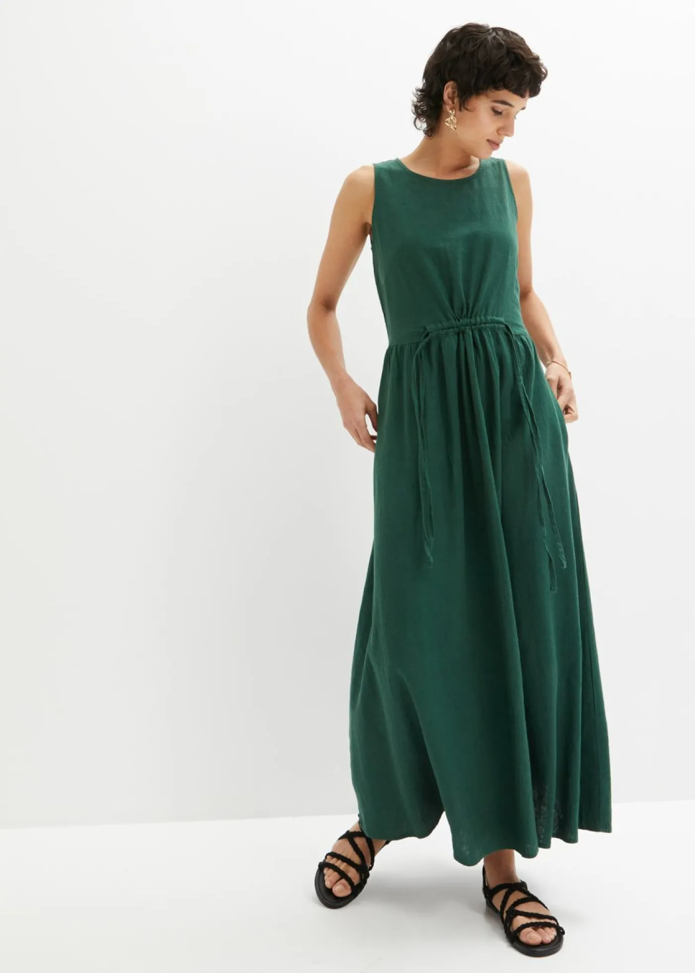 bonprix bonprix Vestido largo de mezcla ligera de lino y viscosa Verde oscuro Sale