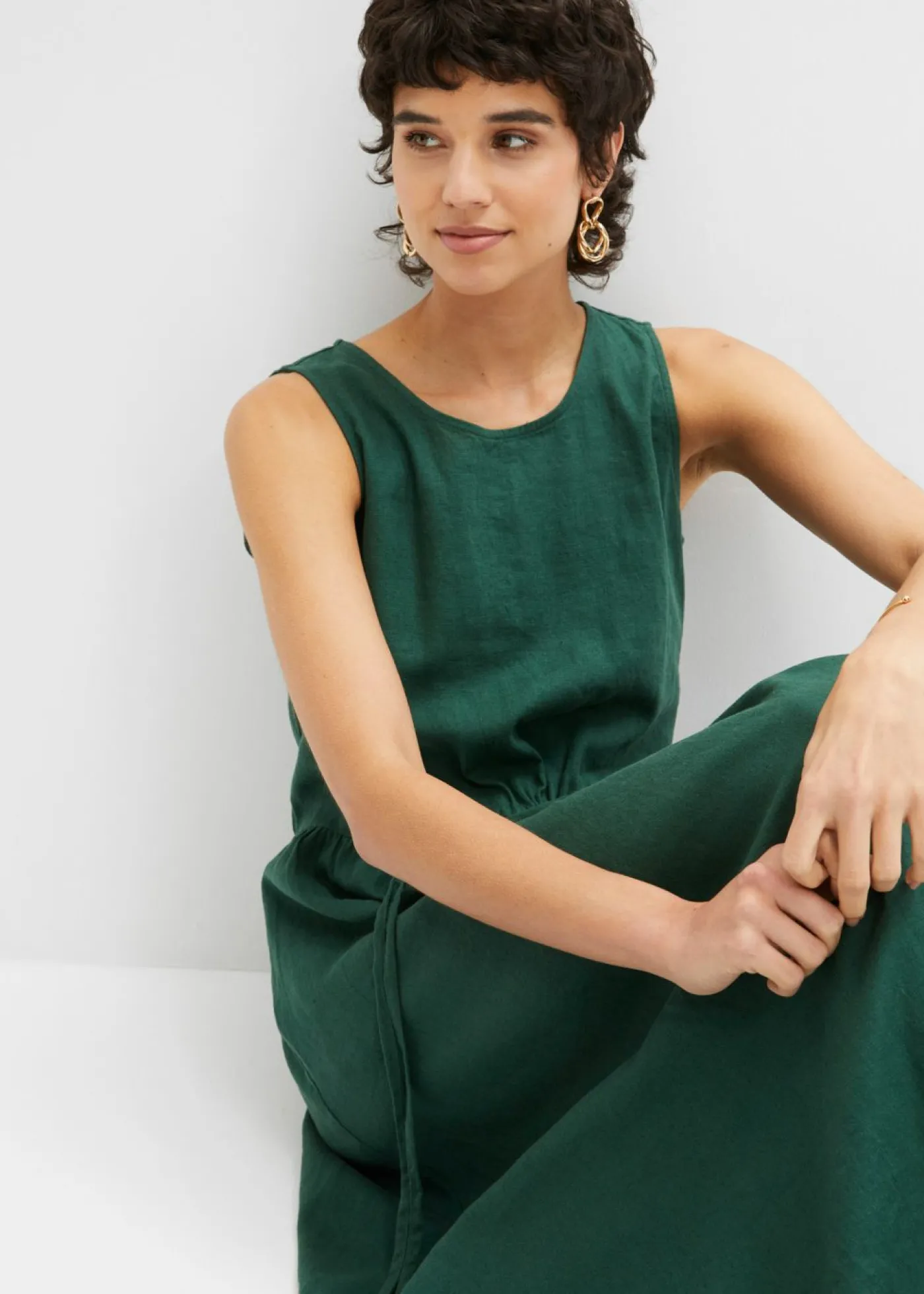 bonprix bonprix Vestido largo de mezcla ligera de lino y viscosa Verde oscuro Sale