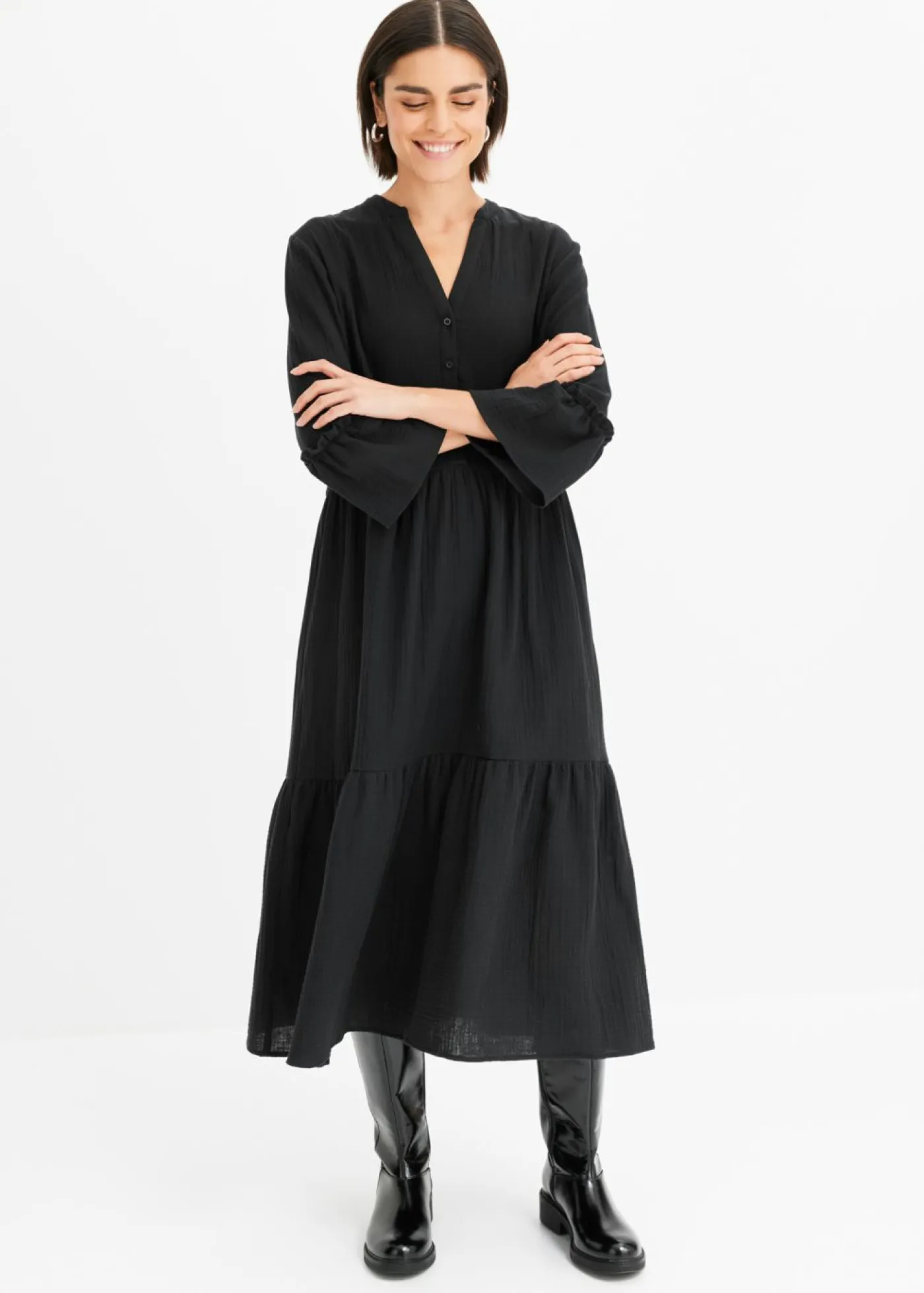 bonprix bonprix Vestido largo de muselina suave Negro Clearance