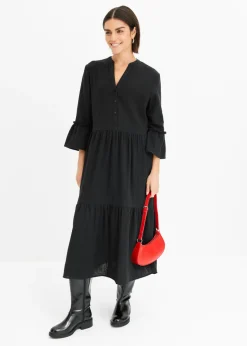 bonprix bonprix Vestido largo de muselina suave Negro Clearance
