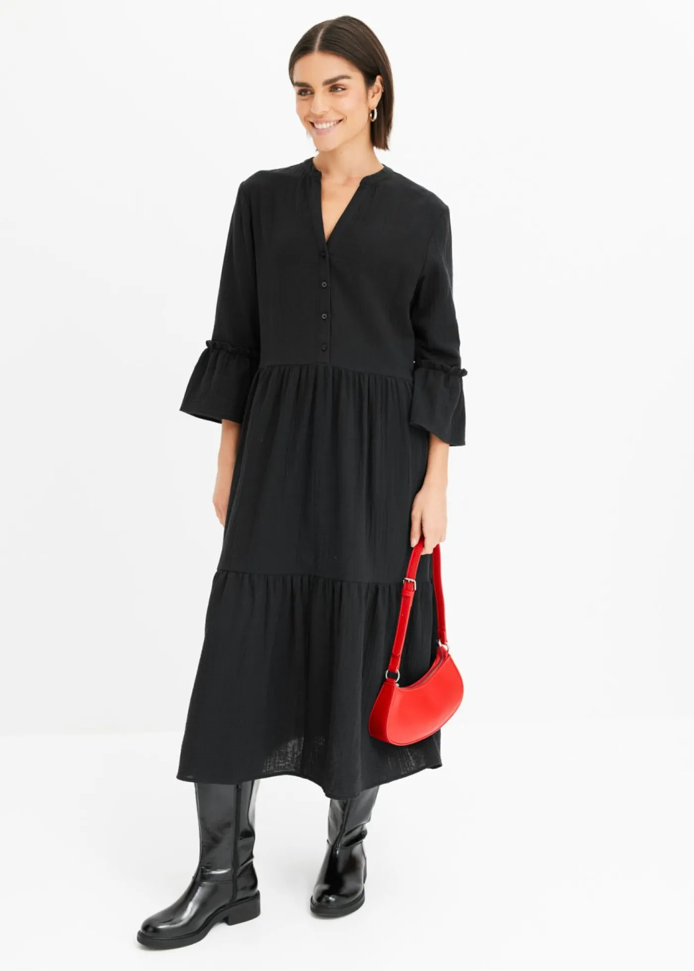 bonprix bonprix Vestido largo de muselina suave Negro Clearance