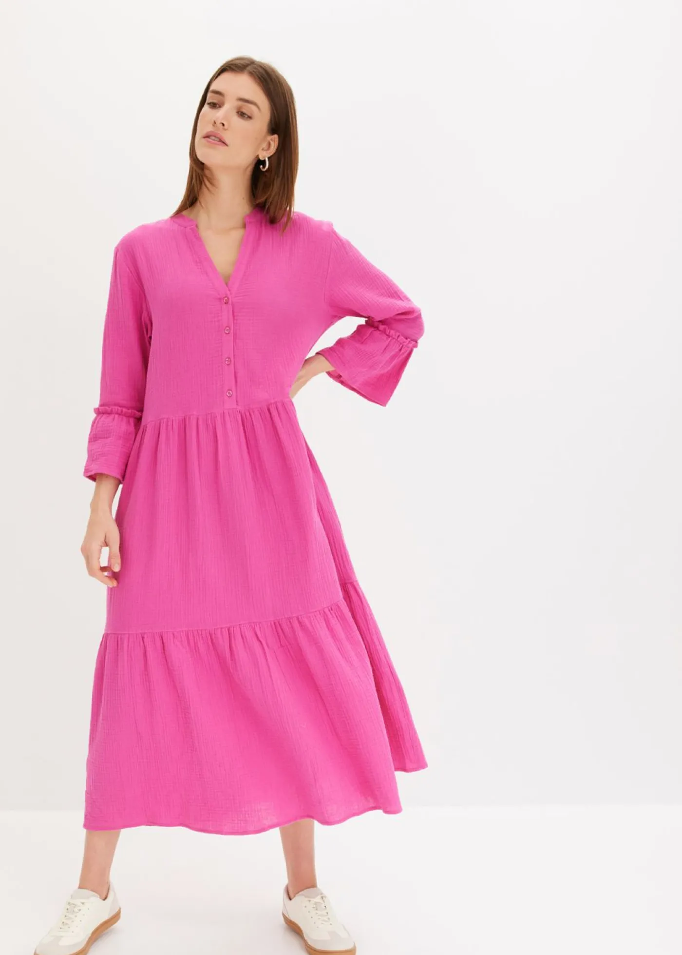 bonprix bonprix Vestido largo de muselina suave fucsia Online