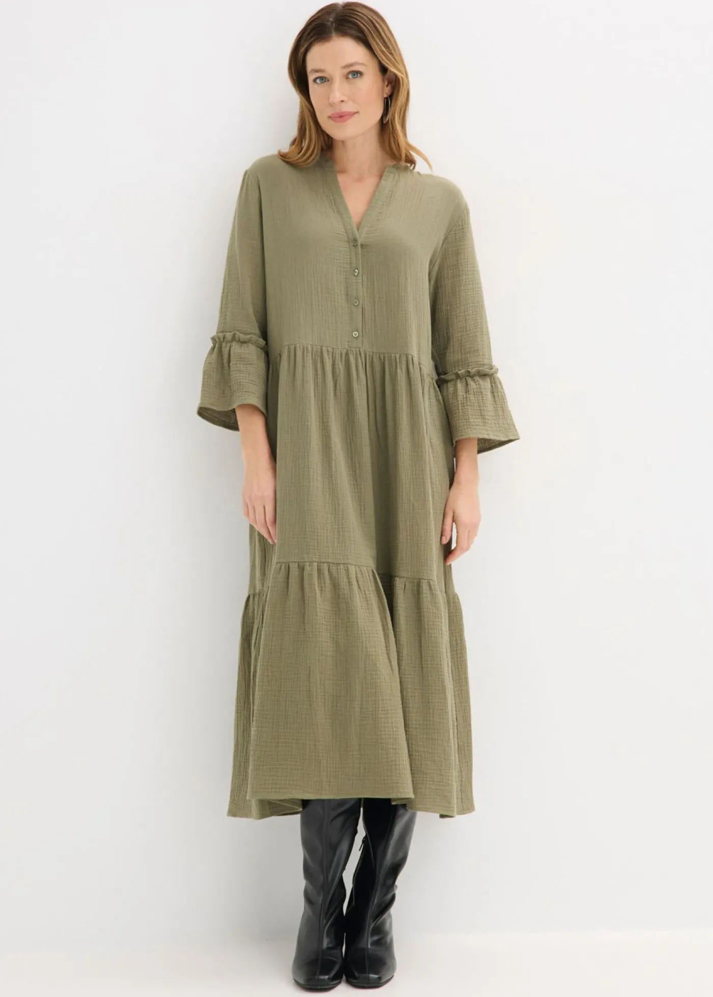 bonprix bonprix Vestido largo de muselina suave Verde oliva Sale
