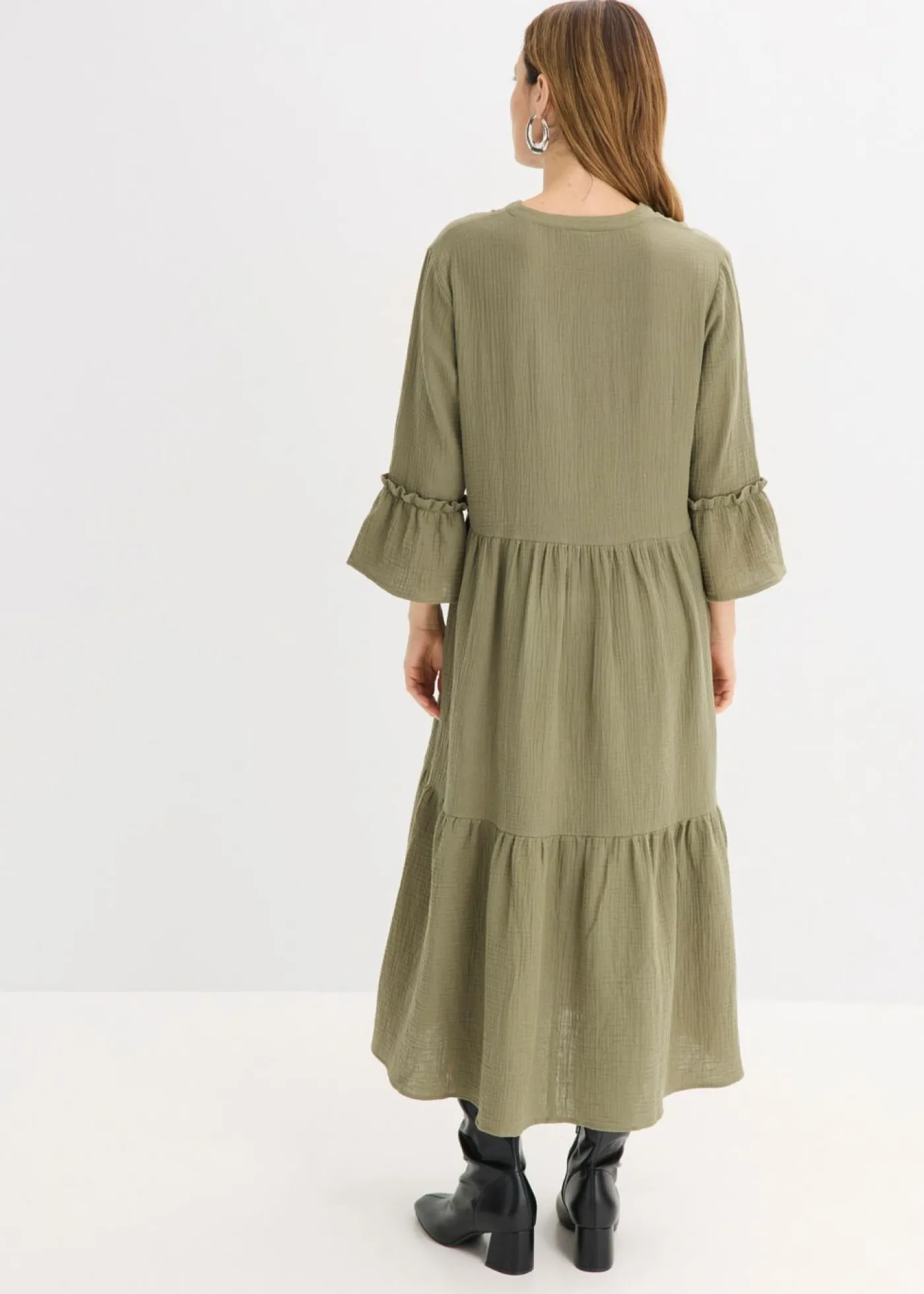bonprix bonprix Vestido largo de muselina suave Verde oliva Sale