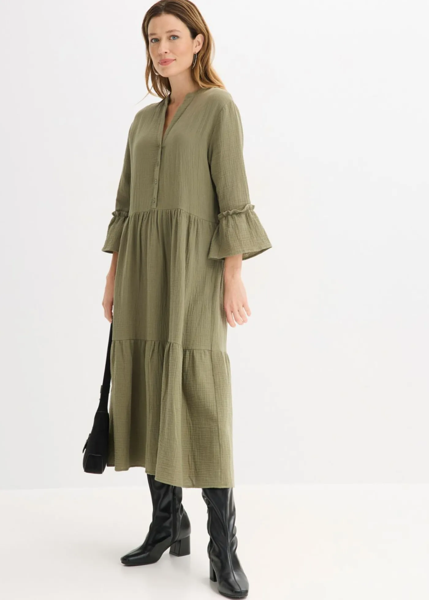 bonprix bonprix Vestido largo de muselina suave Verde oliva Sale