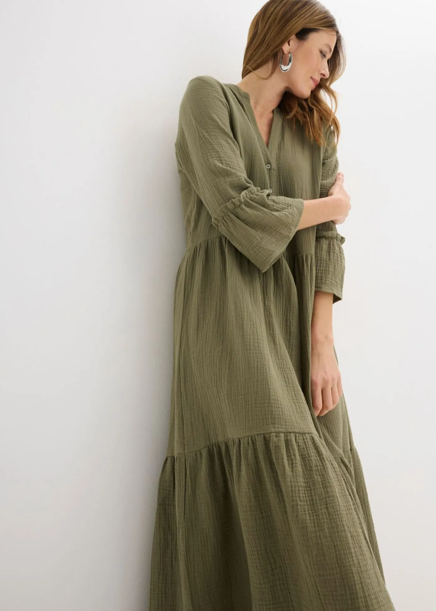 bonprix bonprix Vestido largo de muselina suave Verde oliva Sale