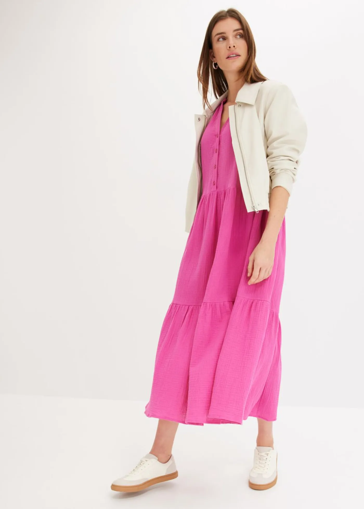 bonprix bonprix Vestido largo de muselina suave fucsia Outlet