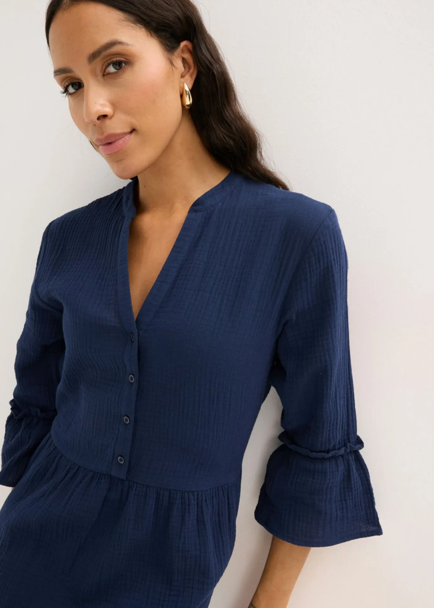 bonprix bonprix Vestido largo de muselina suave Azul marino Discount