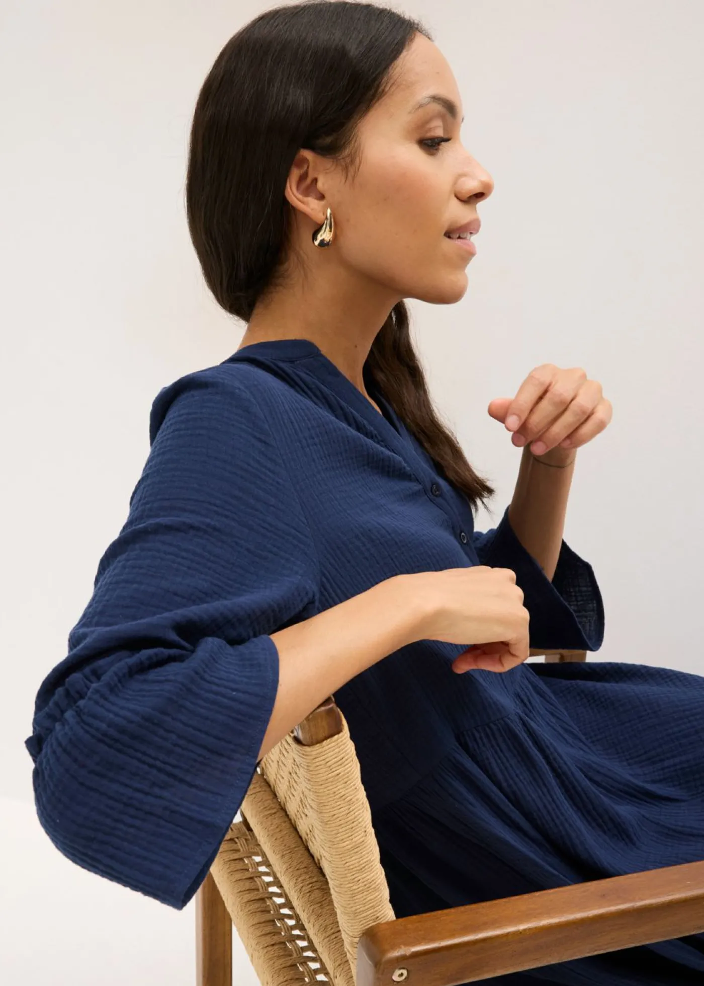 bonprix bonprix Vestido largo de muselina suave Azul marino Discount