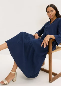 bonprix bonprix Vestido largo de muselina suave Azul marino Discount