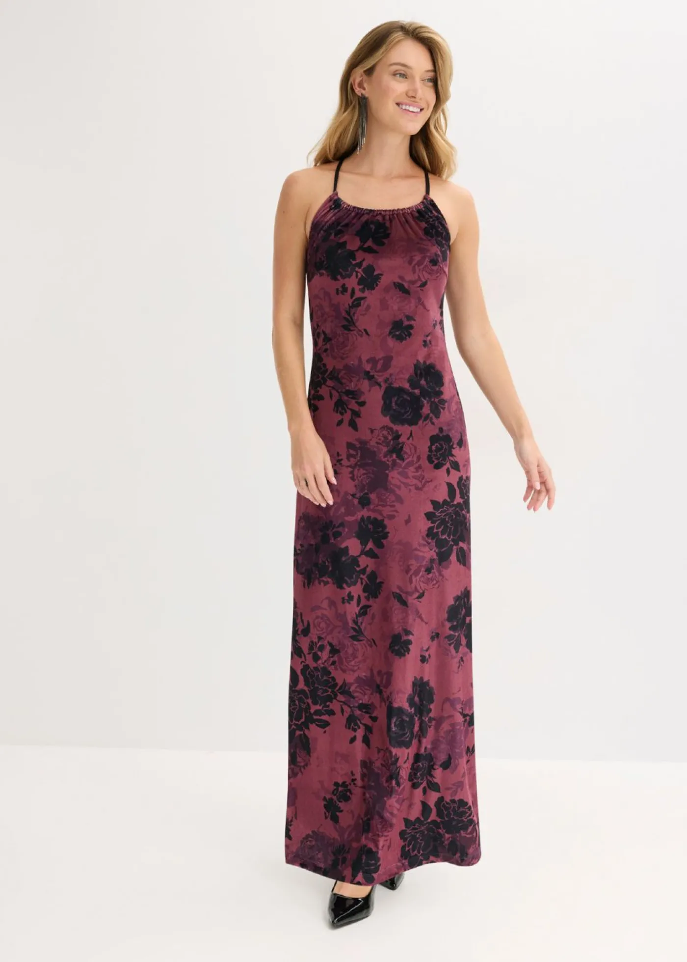 bonprix bonprix Vestido largo de terciopelo brillante Rojo burdeos de flores Outlet