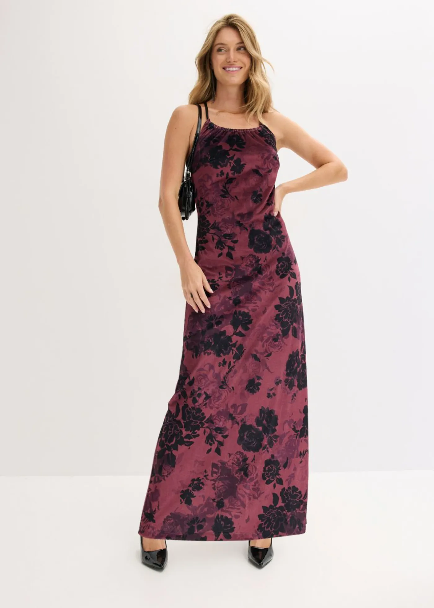 bonprix bonprix Vestido largo de terciopelo brillante Rojo burdeos de flores Outlet