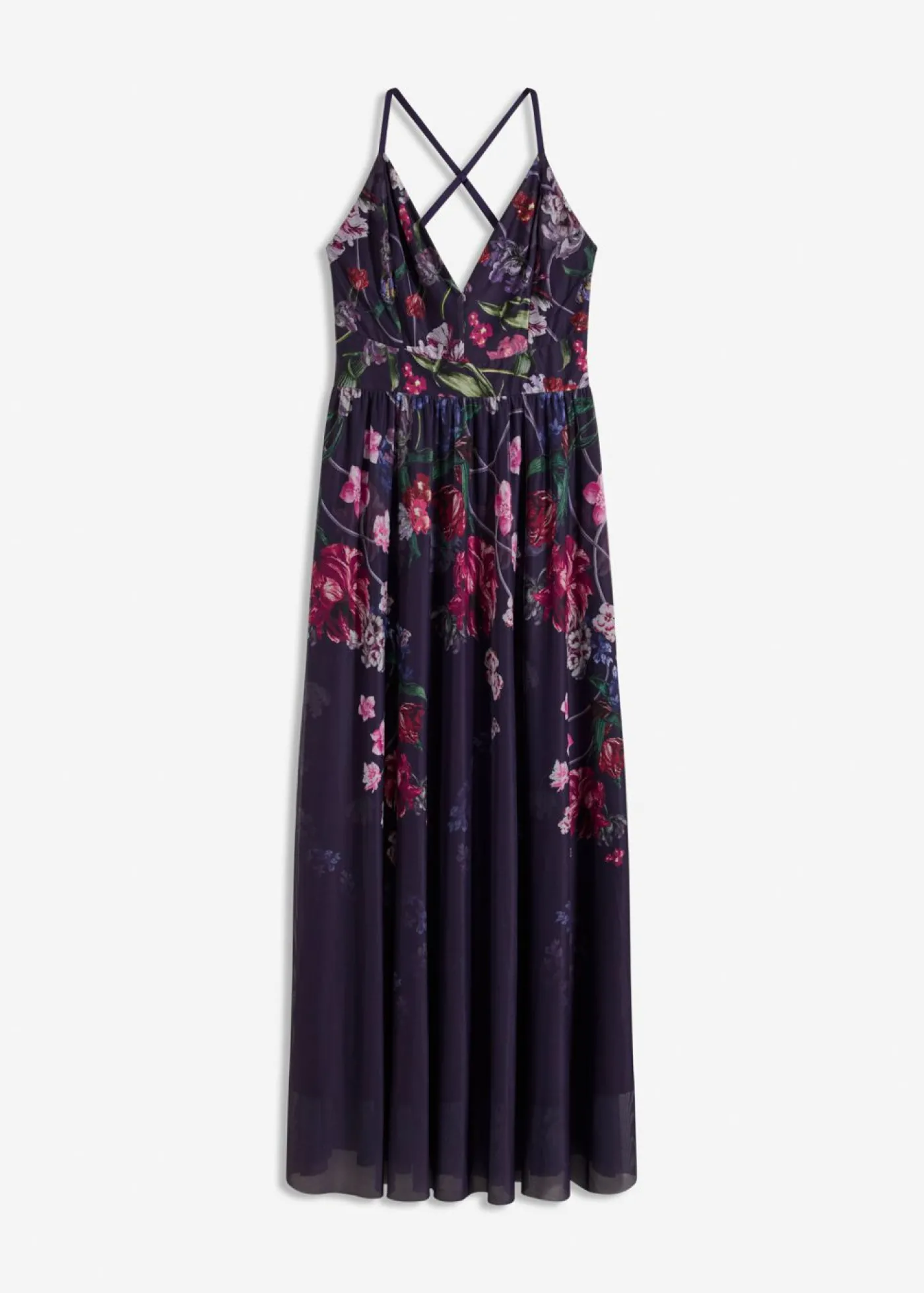 bonprix bonprix Vestido largo de tul delicado con tirantes azul marino con flores Online