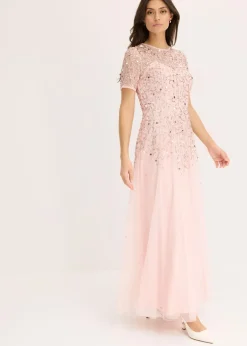 bonprix bonprix Vestido largo de tul delicado con bordado de lentejuelas Rosa perla Discount