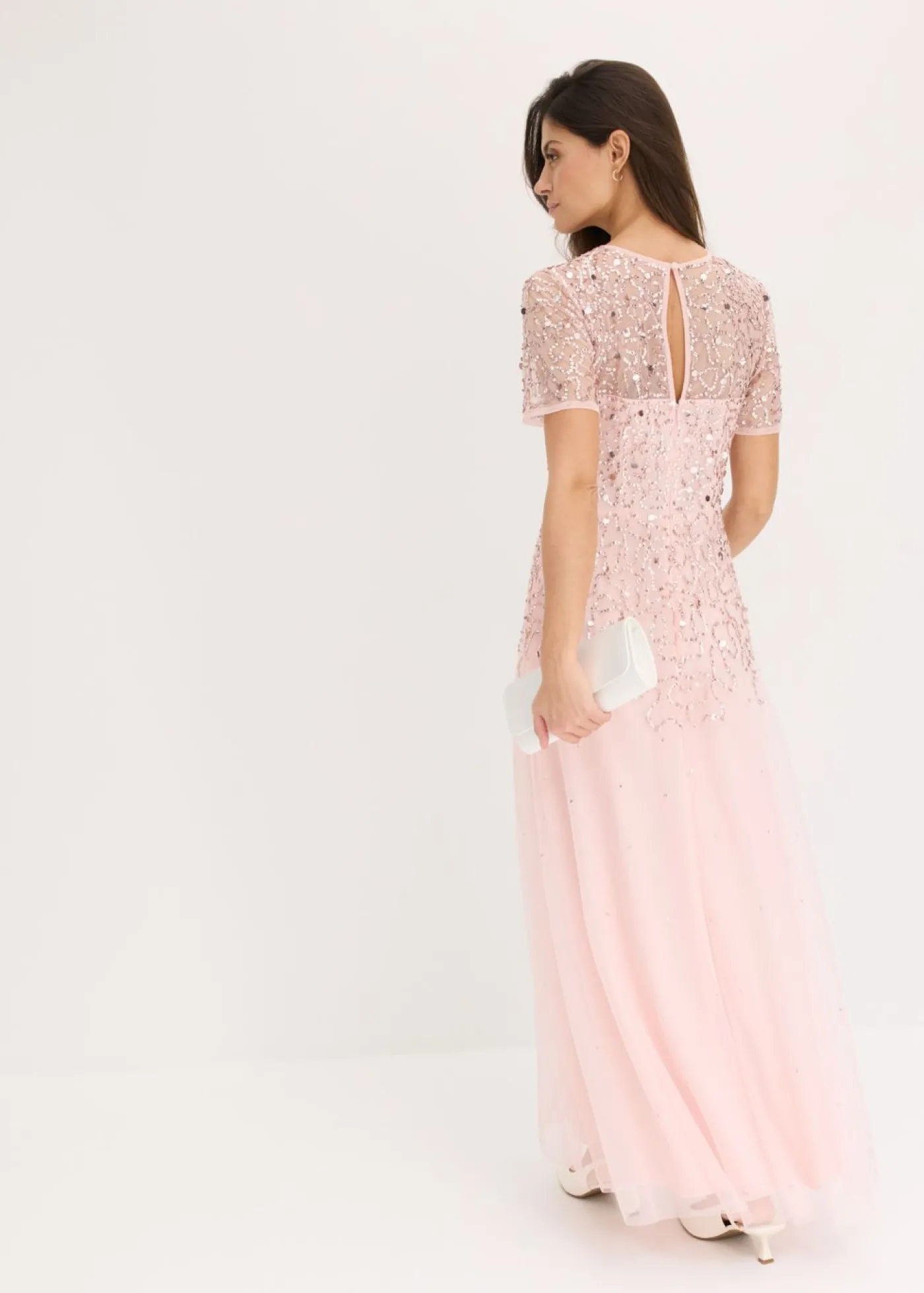 bonprix bonprix Vestido largo de tul delicado con bordado de lentejuelas Rosa perla Discount
