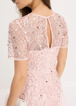 bonprix bonprix Vestido largo de tul delicado con bordado de lentejuelas Rosa perla Discount
