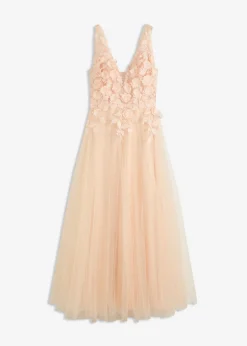 bonprix bonprix Vestido largo de tul delicado con aplicación de flores Champán Clearance
