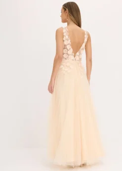 bonprix bonprix Vestido largo de tul delicado con aplicación de flores Champán Clearance