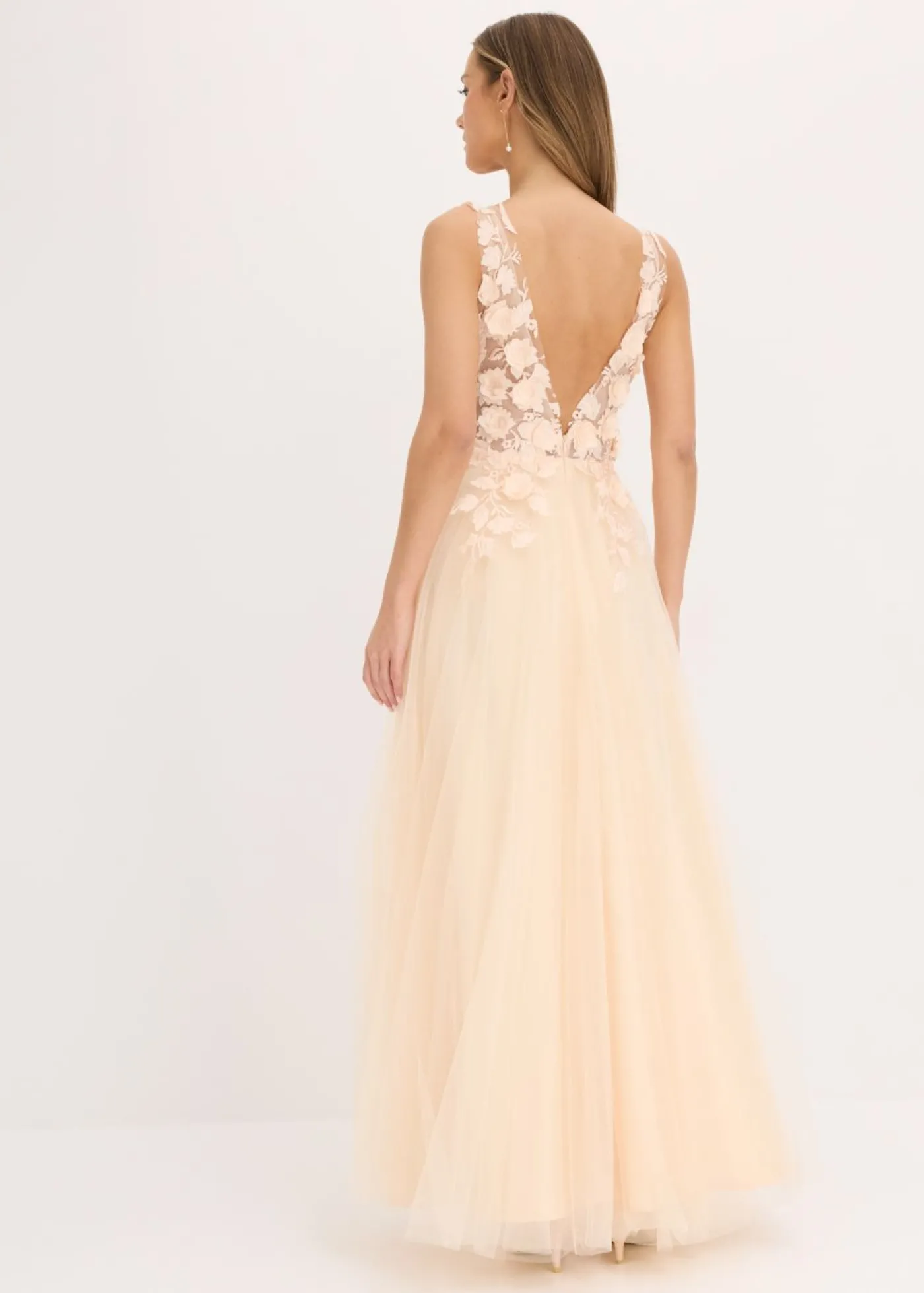 bonprix bonprix Vestido largo de tul delicado con aplicación de flores Champán Clearance