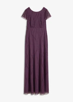 bonprix bonprix Vestido largo de tul delicado con bordado de perlas Lila oscuro