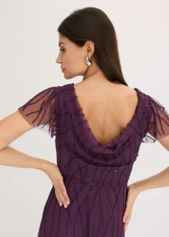 bonprix bonprix Vestido largo de tul delicado con bordado de perlas Lila oscuro