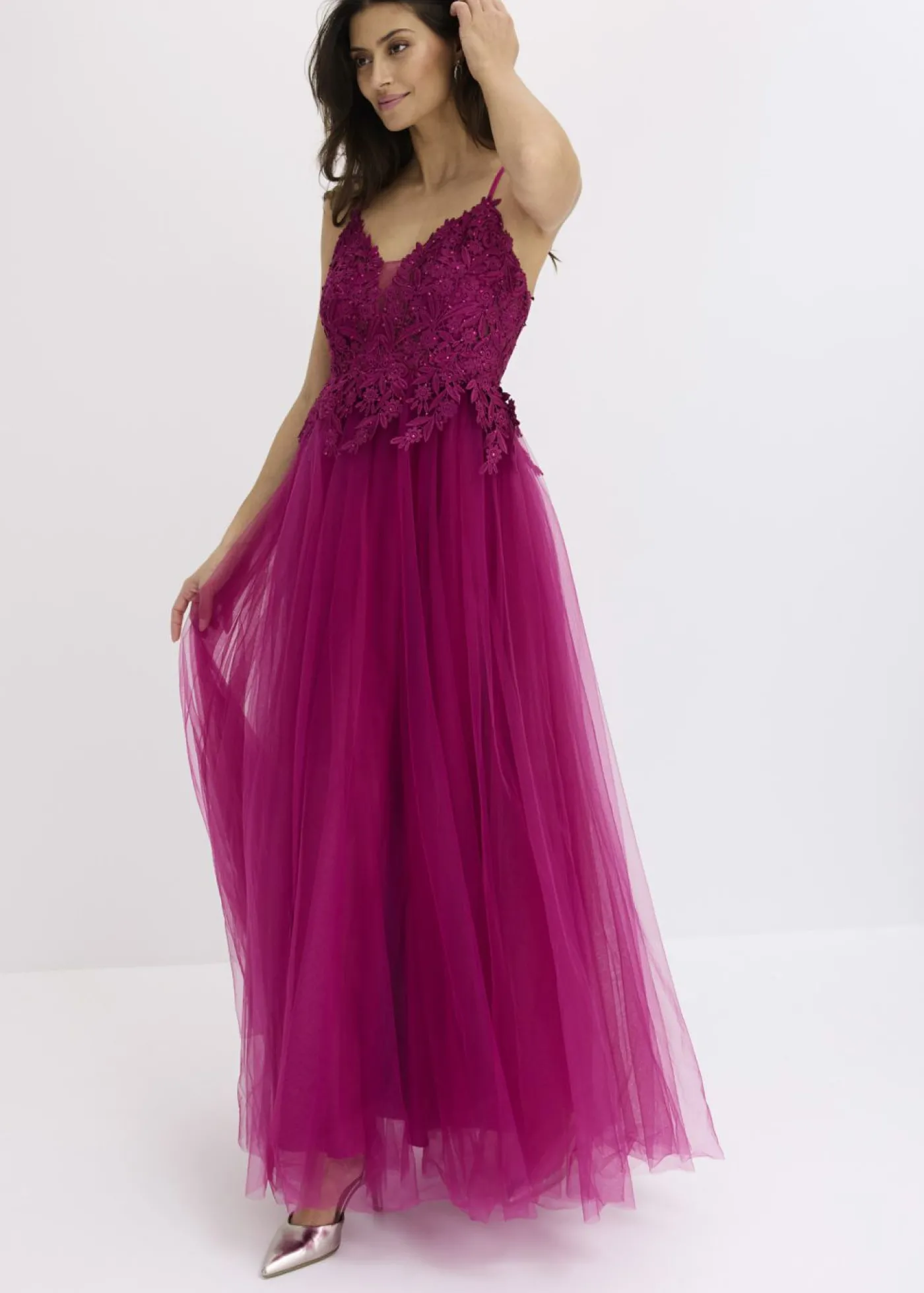 bonprix bonprix Vestido largo de tul delicado con encaje fucsia Discount