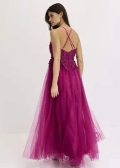 bonprix bonprix Vestido largo de tul delicado con encaje fucsia Discount