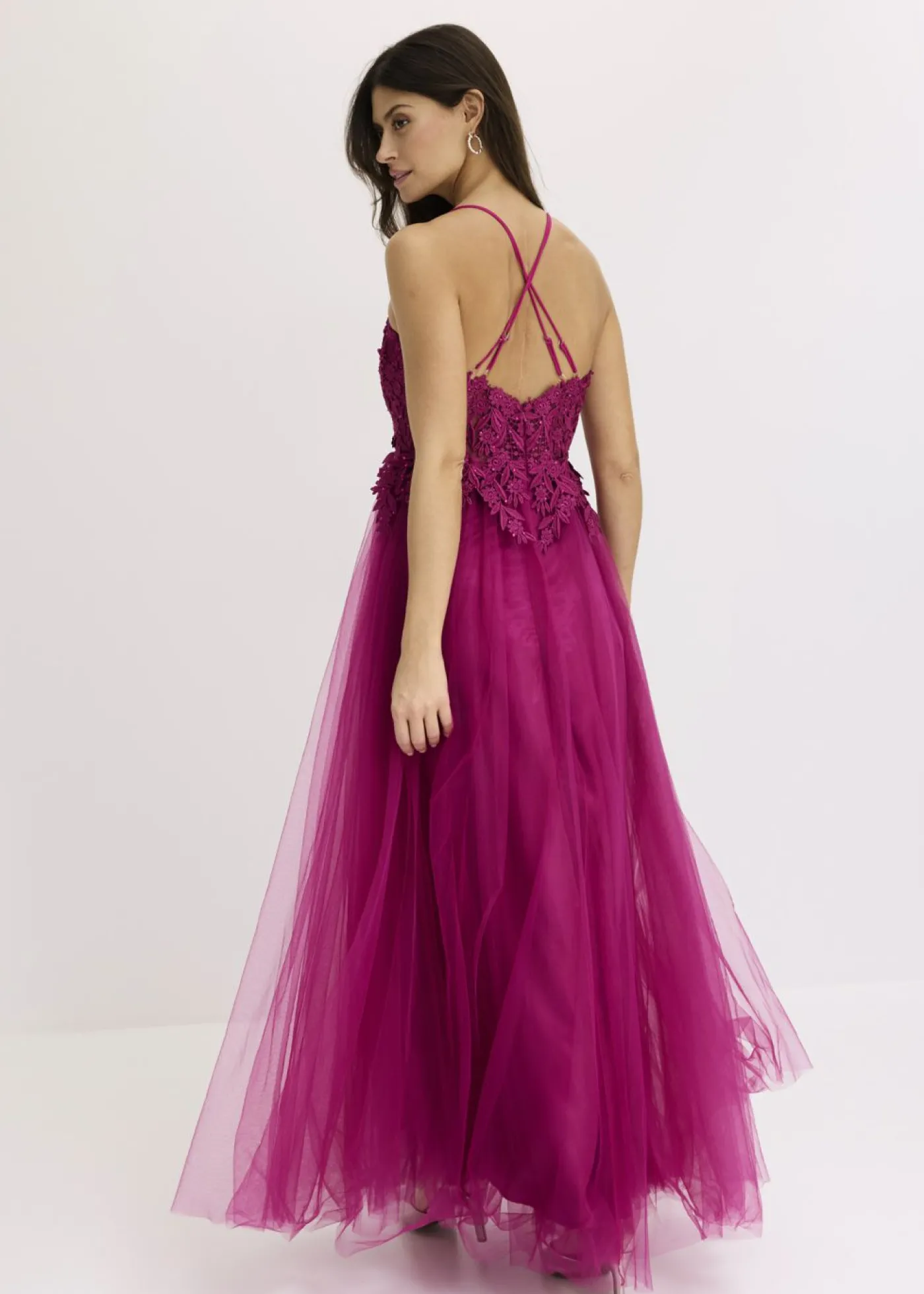 bonprix bonprix Vestido largo de tul delicado con encaje fucsia Discount
