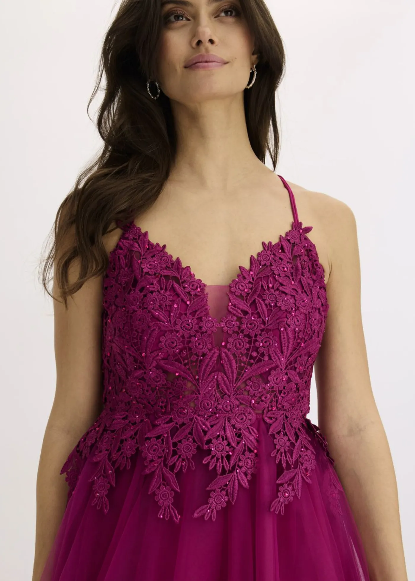 bonprix bonprix Vestido largo de tul delicado con encaje fucsia Discount