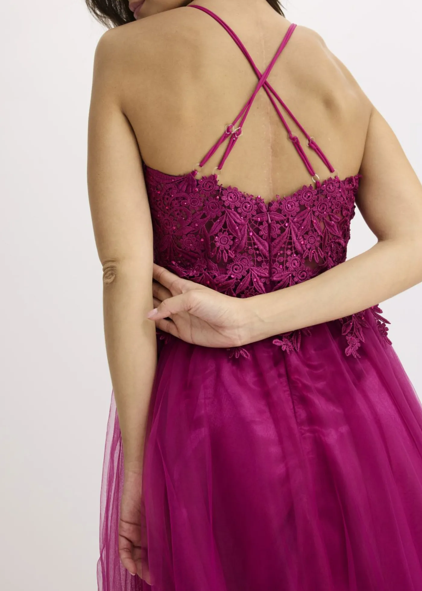 bonprix bonprix Vestido largo de tul delicado con encaje fucsia Discount