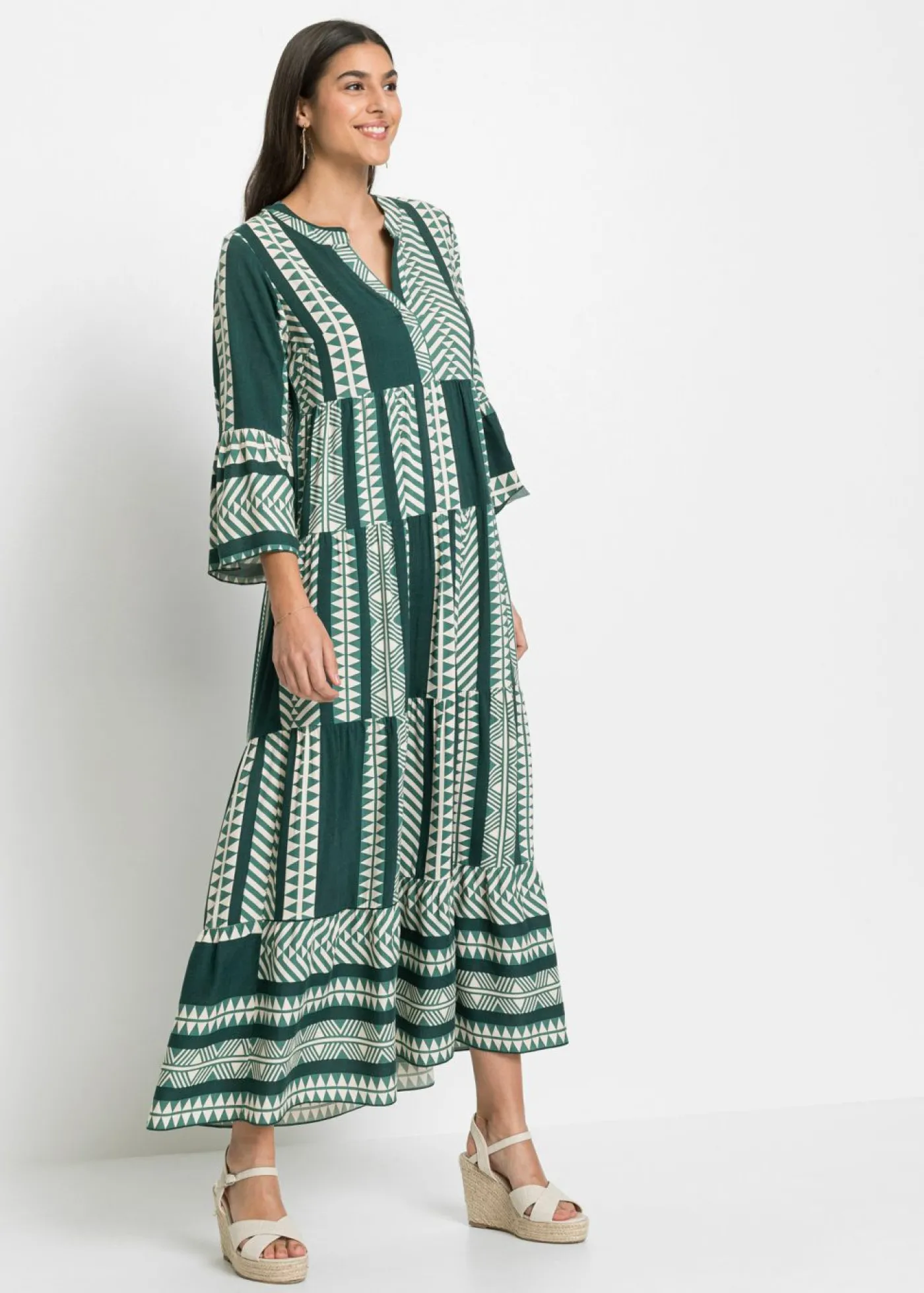 bonprix bonprix Vestido largo de viscosa fluida verde petróleo/beige Online