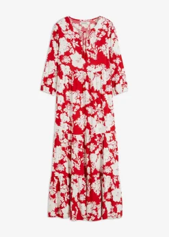 bonprix bonprix Vestido largo de viscosa fluida rojo tomate/blanco con flores