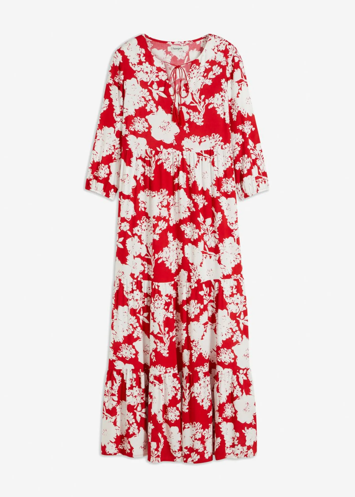 bonprix bonprix Vestido largo de viscosa fluida rojo tomate/blanco con flores