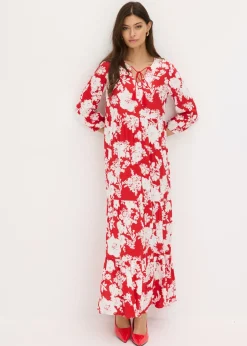 bonprix bonprix Vestido largo de viscosa fluida rojo tomate/blanco con flores