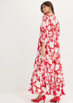 bonprix bonprix Vestido largo de viscosa fluida rojo tomate/blanco con flores