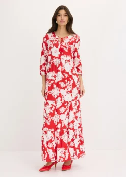 bonprix bonprix Vestido largo de viscosa fluida rojo tomate/blanco con flores