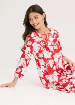bonprix bonprix Vestido largo de viscosa fluida rojo tomate/blanco con flores