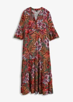 bonprix bonprix Vestido largo de viscosa fluida oliva / rojo con flores Online