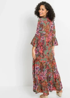 bonprix bonprix Vestido largo de viscosa fluida oliva / rojo con flores Online