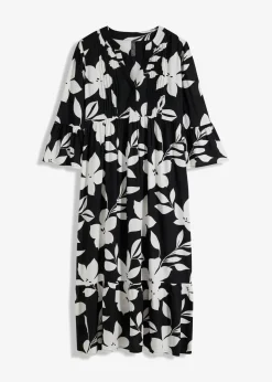 bonprix bonprix Vestido largo de viscosa fluida negro-blanco con flores Clearance