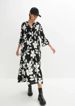 bonprix bonprix Vestido largo de viscosa fluida negro-blanco con flores Clearance